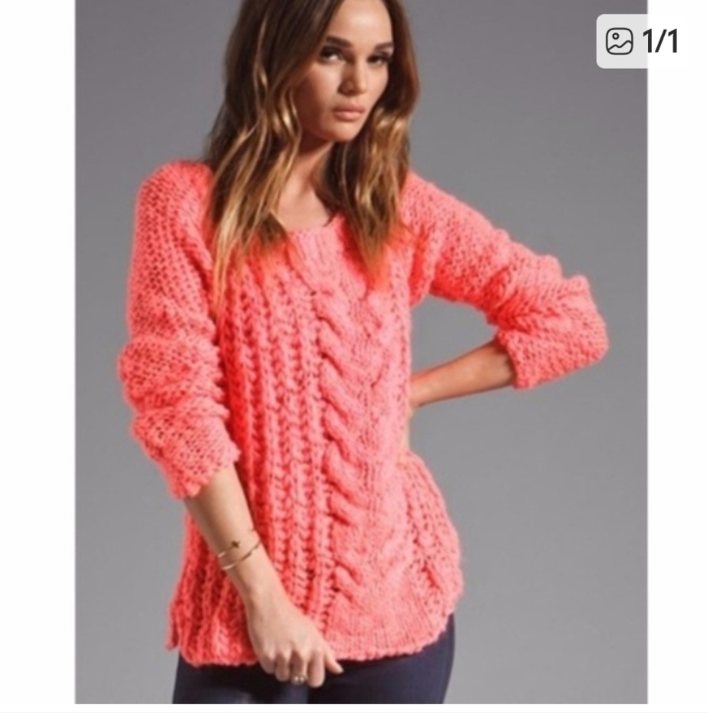 Free People Hot Trottie Neon Pink Cable Sweater